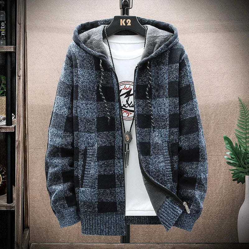 Casaco Masculino Xadrez de Inverno – Cardigan com Capuz e Estilo Casual
