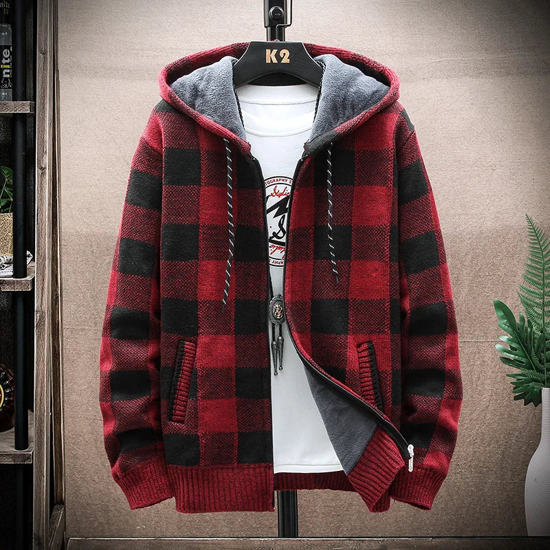 Casaco Masculino Xadrez de Inverno – Cardigan com Capuz e Estilo Casual