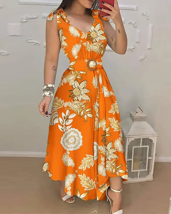 Vestido Longo Floral Sem Mangas com Cinto