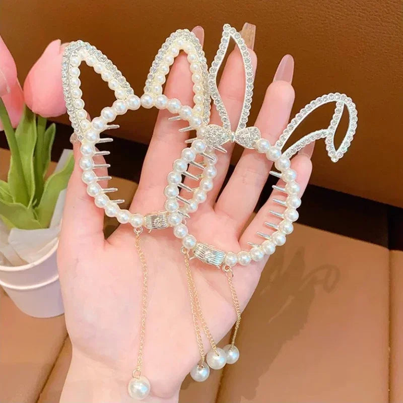 Grampo de cabelo brilhante com asa de anjo, orelhas de animais, bebê, elegante, borla, pérola