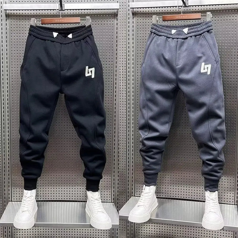 Calça esportiva de pelúcia masculina, moletom da moda com encadernação engrossada, outono e inverno.