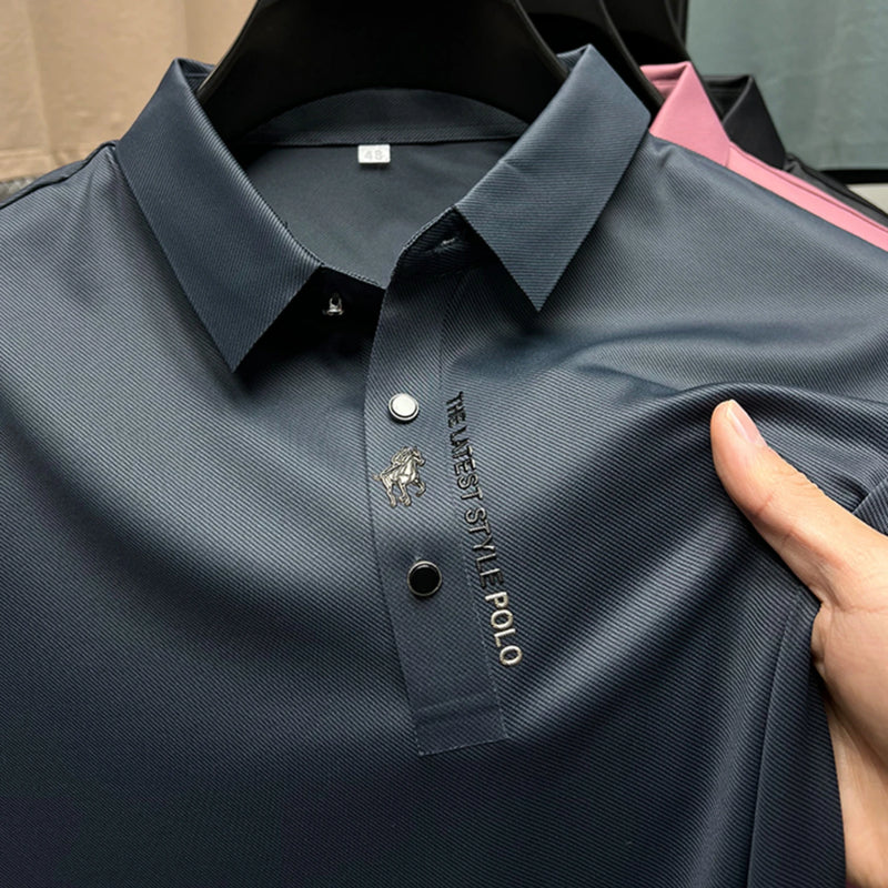 Polo bordado de seda gelo, camiseta elástica de lapela, manga curta, roupas masculinas casuais para negócios, moda verão, novo, 2024