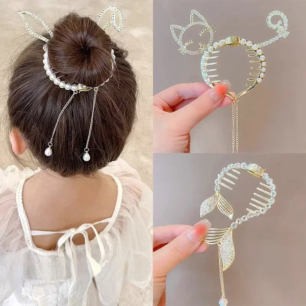 Grampo de cabelo brilhante com asa de anjo, orelhas de animais, bebê, elegante, borla, pérola