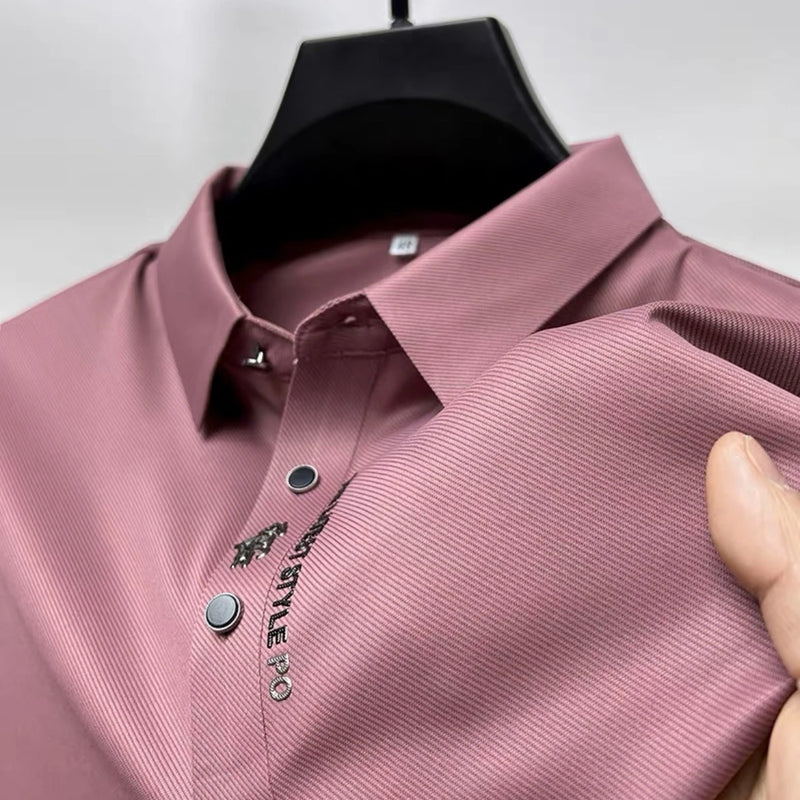 Polo bordado de seda gelo, camiseta elástica de lapela, manga curta, roupas masculinas casuais para negócios, moda verão, novo, 2024