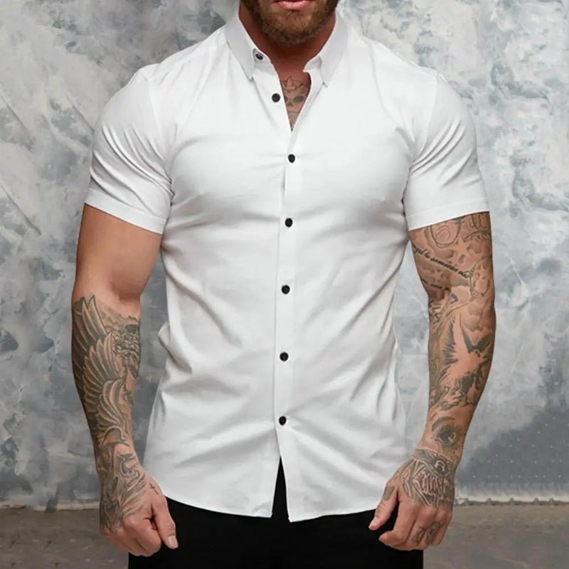 Camisa de manga curta de moda verão masculina sólida super slim fit